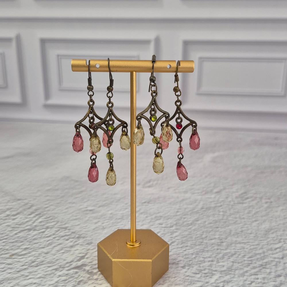 Bead Chandelier Earrings Rhinestone Dangle Pierced Boho Ornate Pink Green 2 Lot